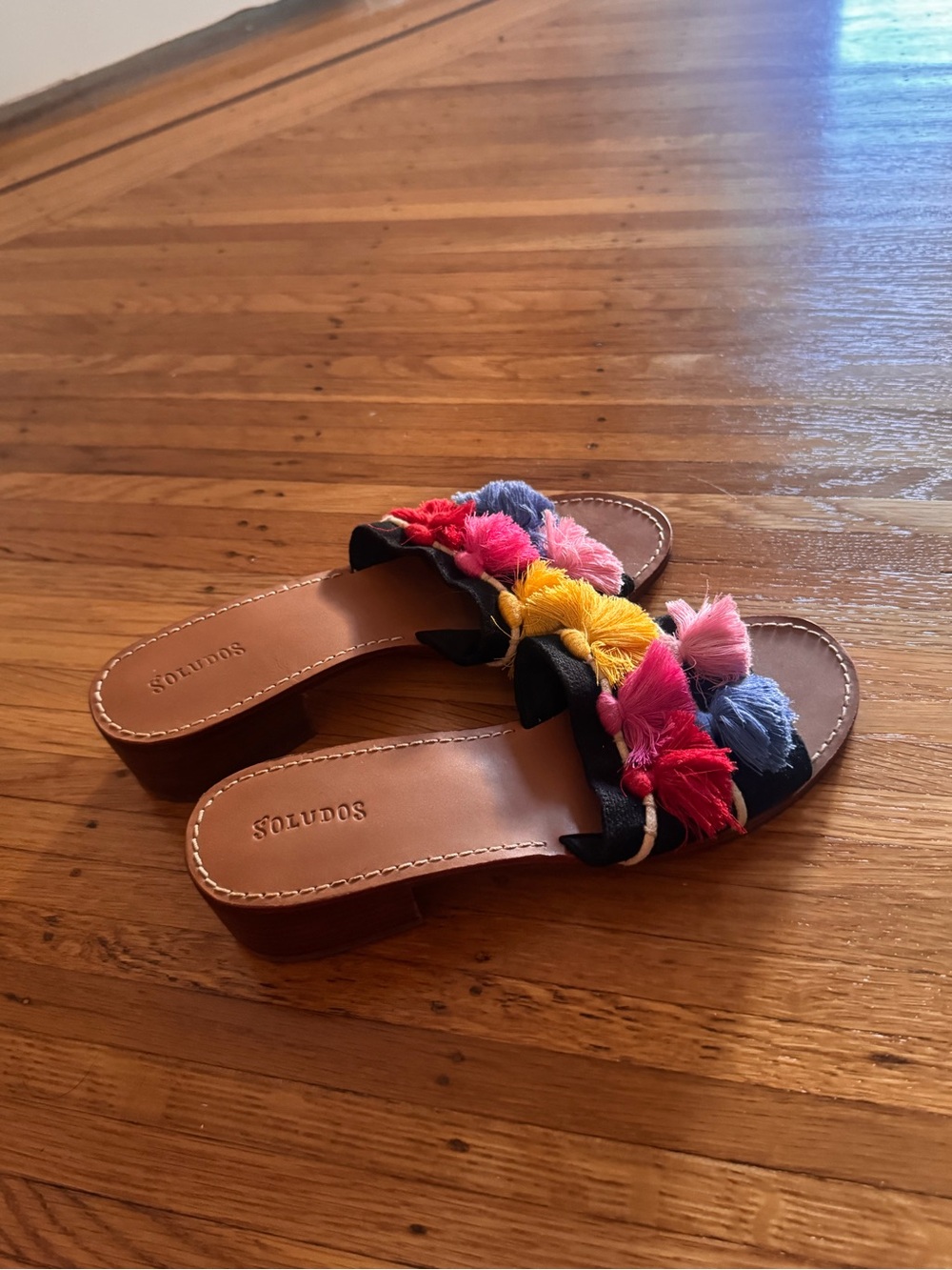 Soludos Black Slide Sandals with Multicolor Tassels